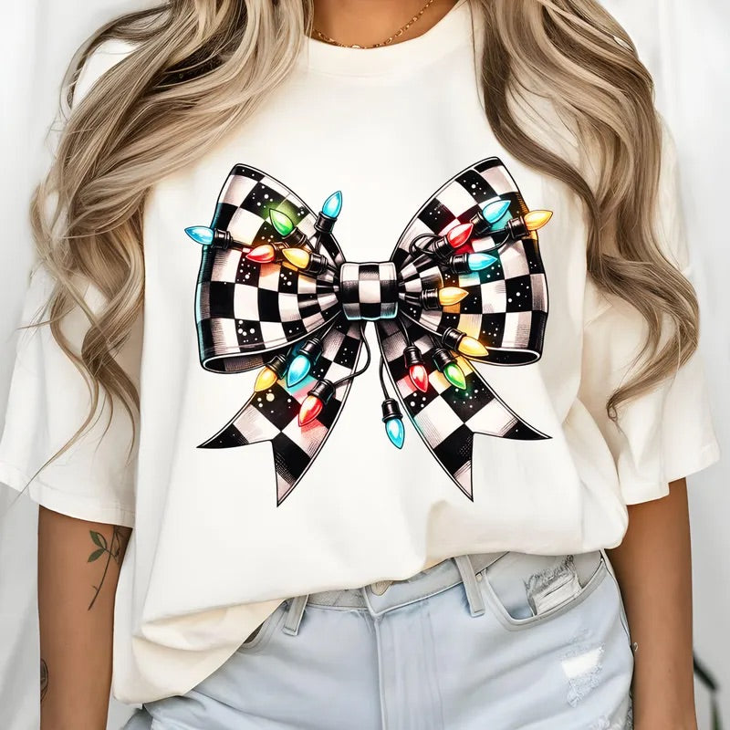 Checkered Christmas Bow Tee